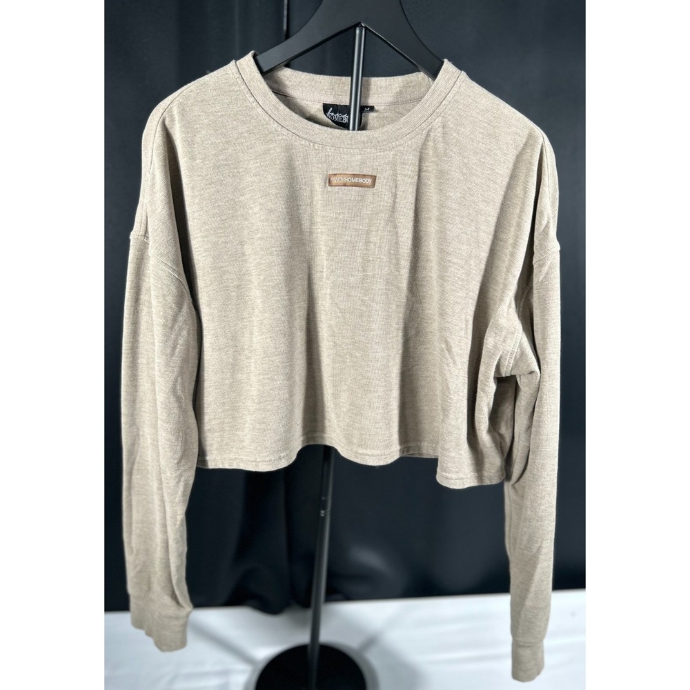 Fancy Homebody Women's Medium‎ Cropped Sweatshirt Beige Tan Long Sleeve